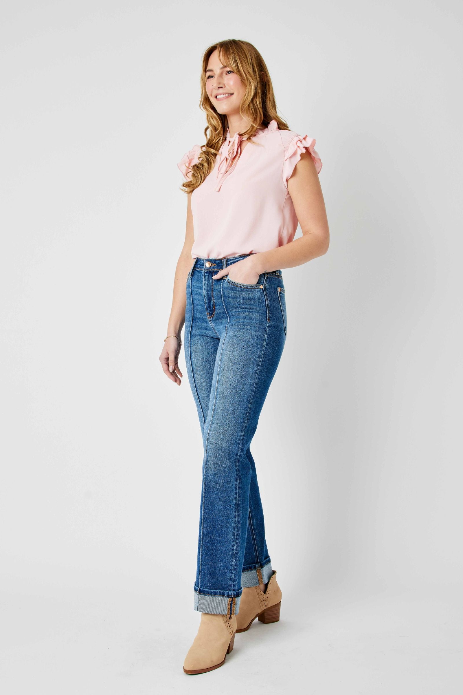 MEDIUM WASH HIGH WAIST FRONT SEAM DETAIL & CUFFED STRAIGHT JUDY BLUE DENIM