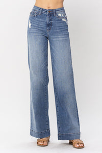 HIGH WAIST MILD DESTROYED TROUSER WIDE LEG MEDIUM WASH JUDY BLUE DENIM