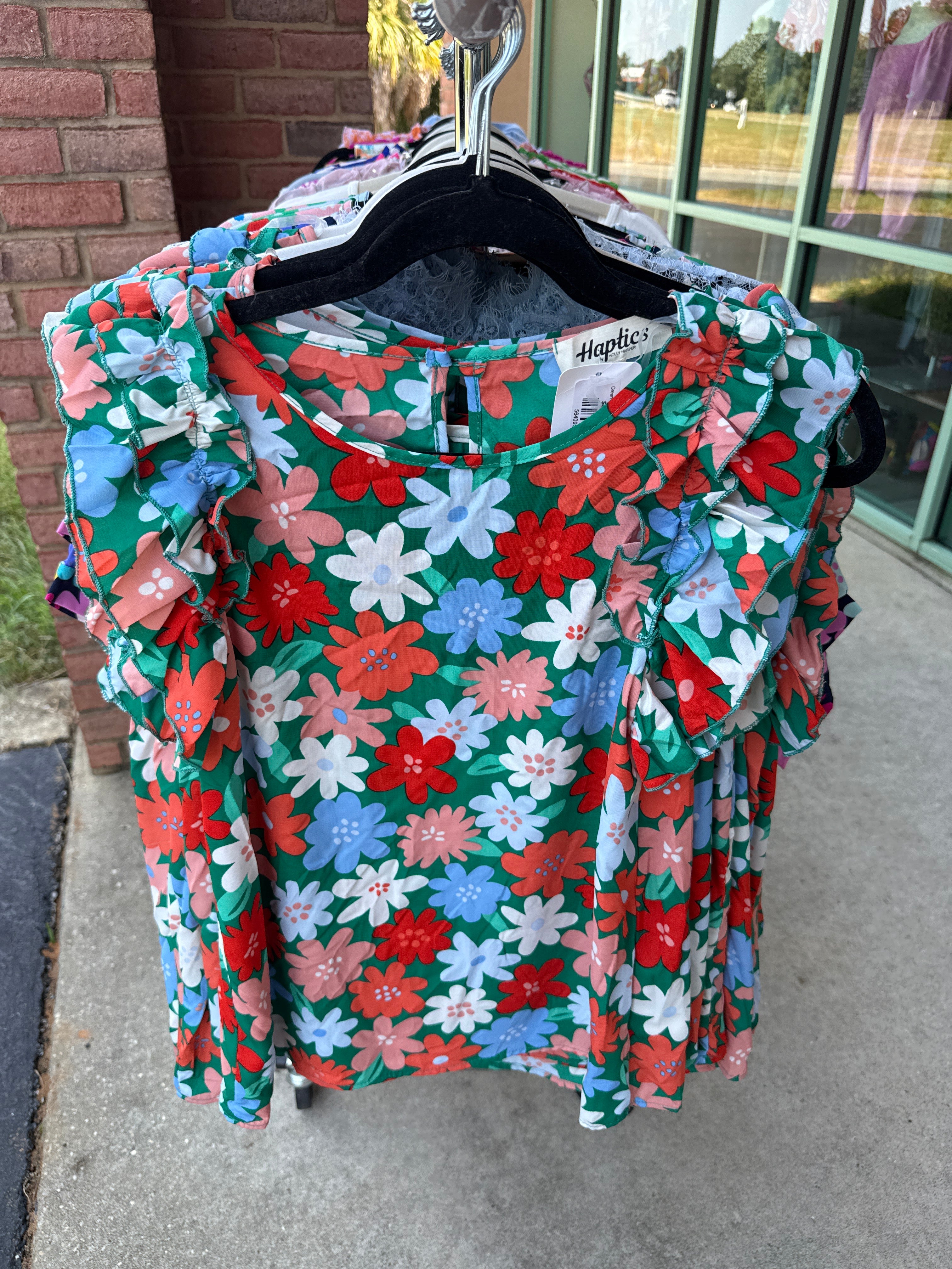 Green Coral Blue Floral Flutter Top- SALE