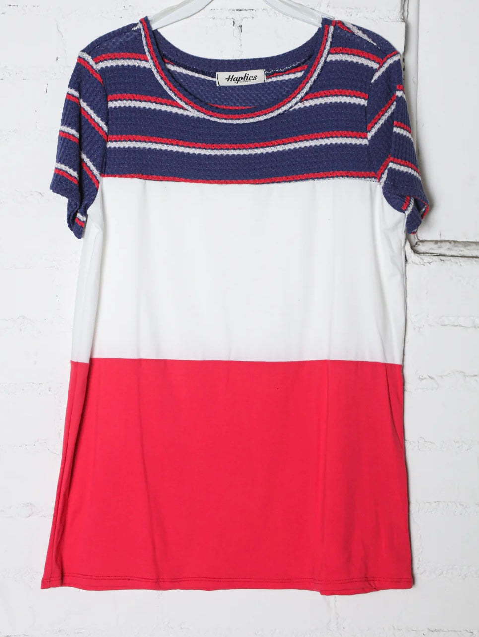RED WHITE BLUE PATRIOTIC WAFFLE COLORBLOCK TOP- SALE