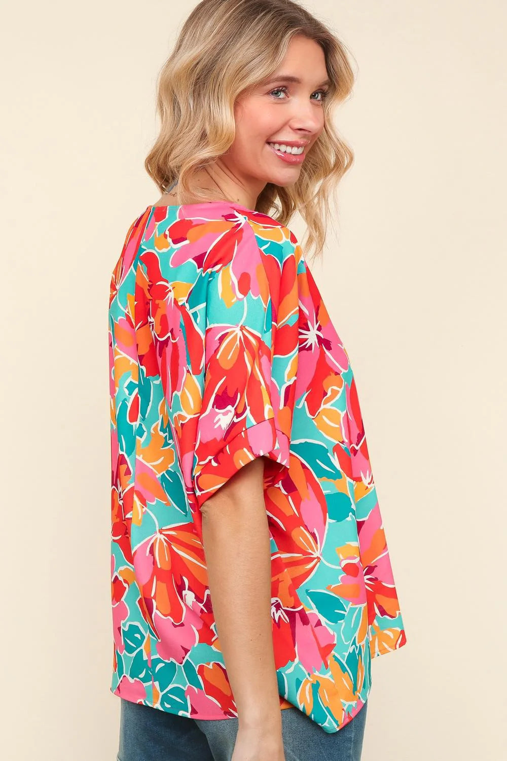 AQUA FUCHSIA FLORAL WOVEN DOLMAN BLOUSE