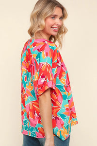AQUA FUCHSIA FLORAL WOVEN DOLMAN BLOUSE