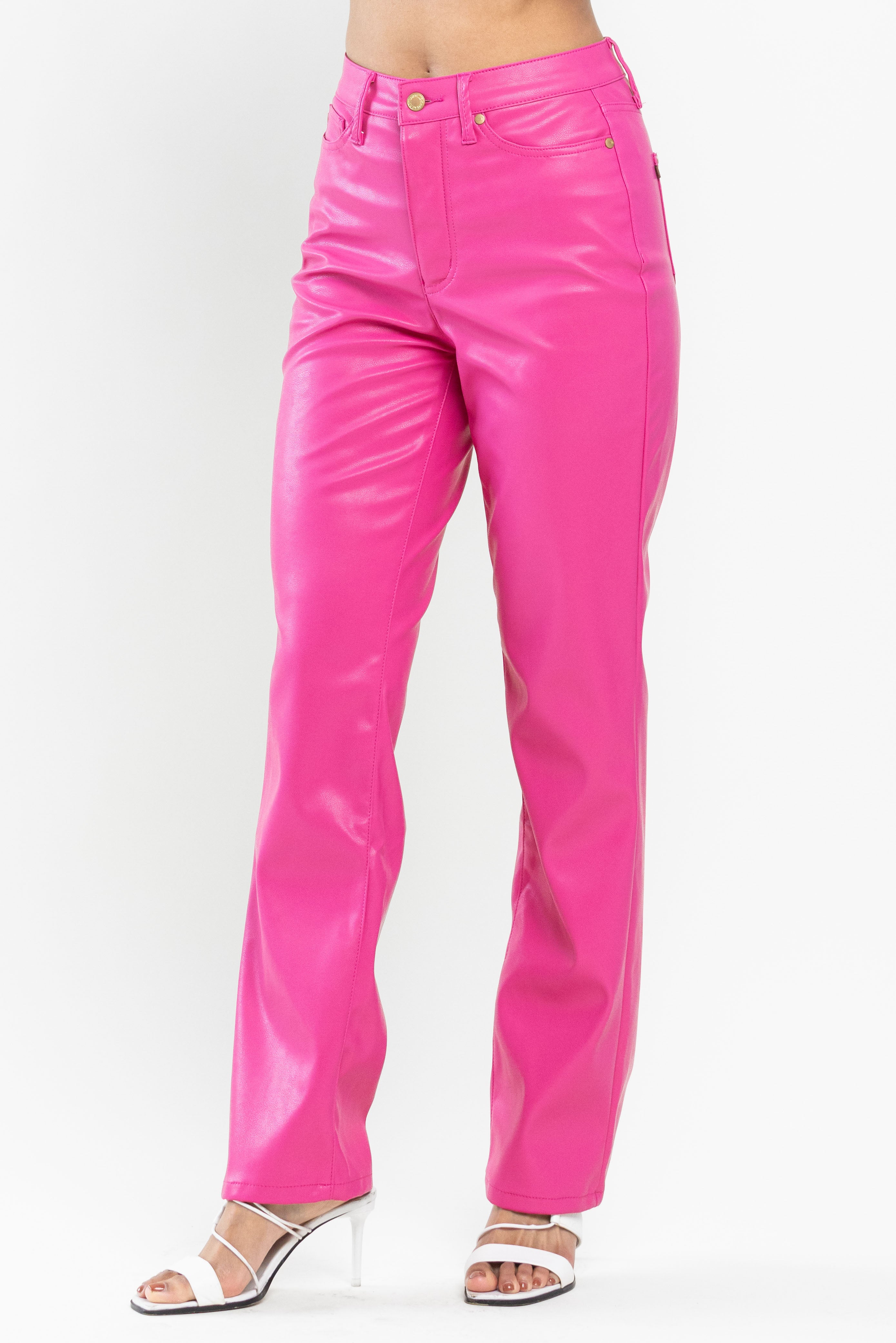 STRAIGHT LEG HOT PINK BARBIE COLOR FAUX LEATHER PANTS BY JUDY BLUE TUMMY CONTROL- SIZE 7/28