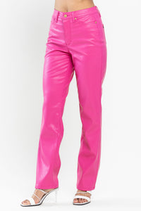 STRAIGHT LEG HOT PINK BARBIE COLOR FAUX LEATHER PANTS BY JUDY BLUE TUMMY CONTROL- SIZE 7/28