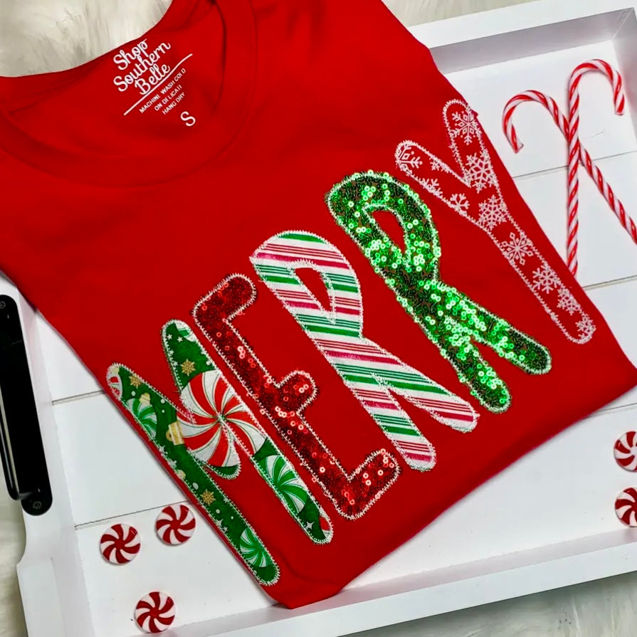 RED "MERRY" MULTI PRINTED FABRIC APPLIQUED HANDMADE CHRISTMAS SWEATSHIRT SEQUINS - SMALL