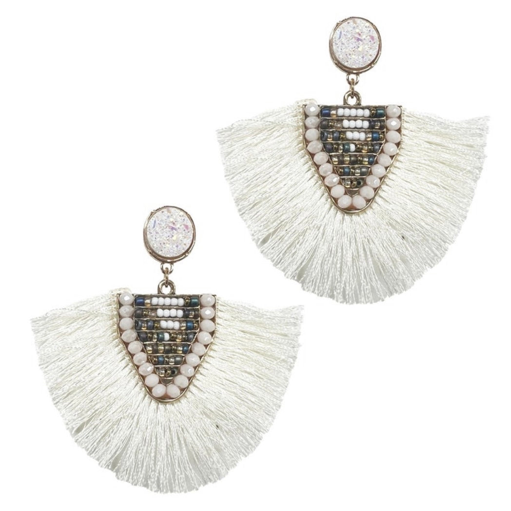 Cream Bling Fan Out Tassel Earrings