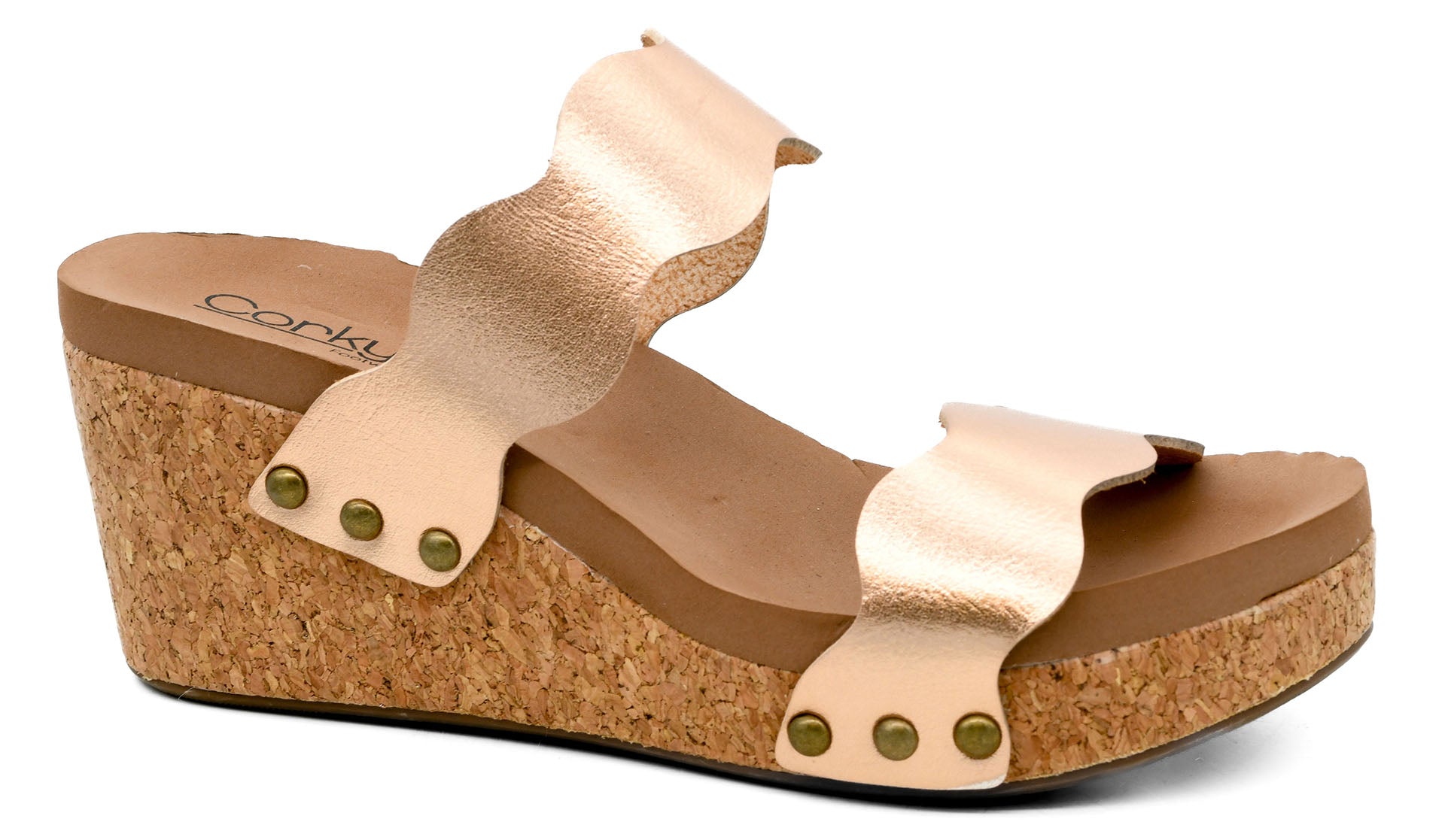 OBVIOUSLY ROSE GOLD CORKYS SANDAL WEDGES