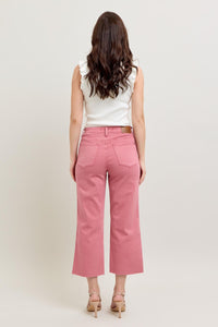 ROSE HIGH WAIST GARMENT DYED RAW HEM CROP WIDE LEG JUDY BLUE DENIM-PLUS