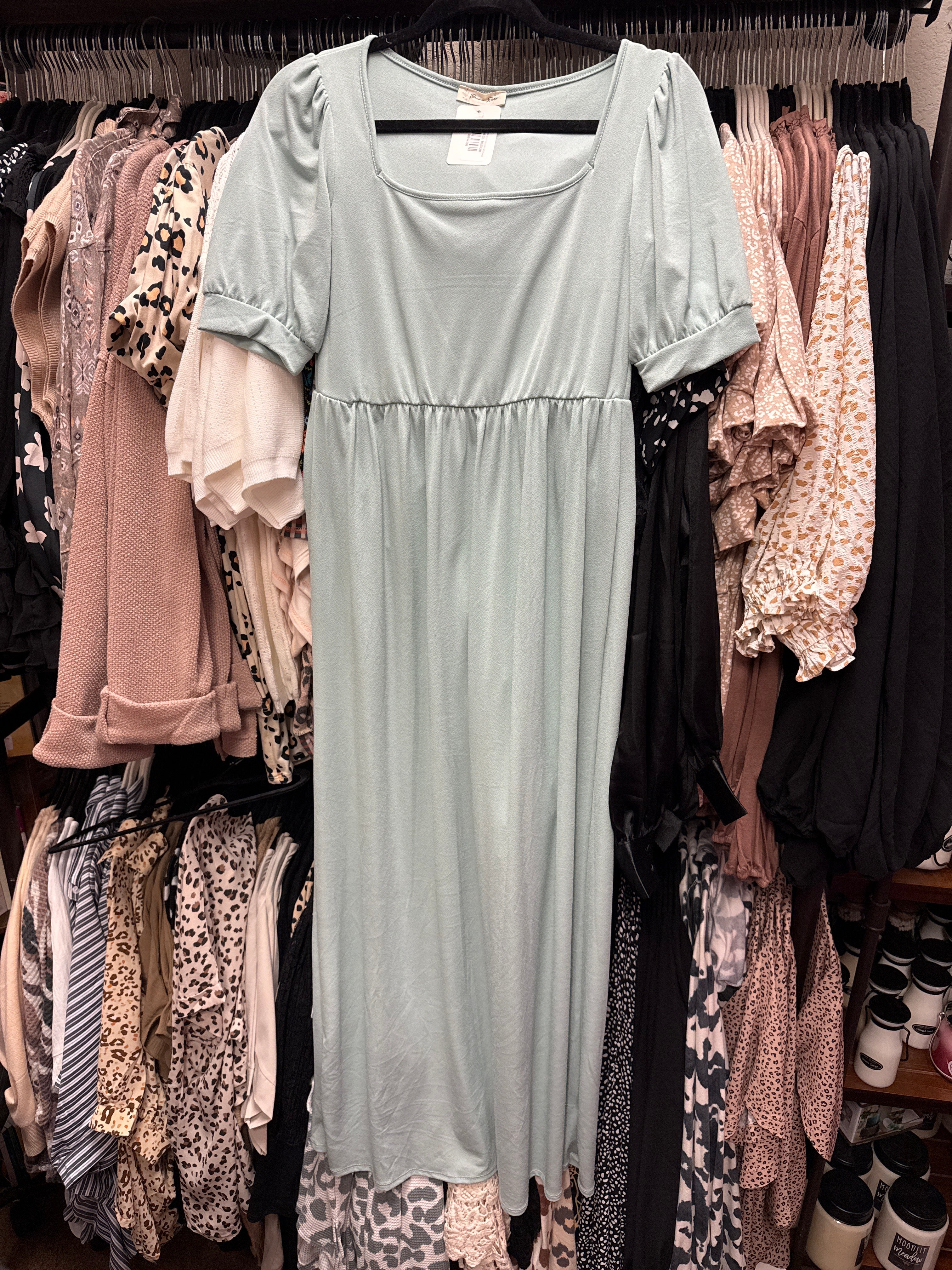SAGE GREEN SOLID SQUARE NECK MAXI DRESS- SALE
