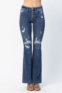 DARKWASH MID RISE TROUSER FLARE BUTTON FLY WITH DESTROYED DETAILS JUDY BLUE DENIM