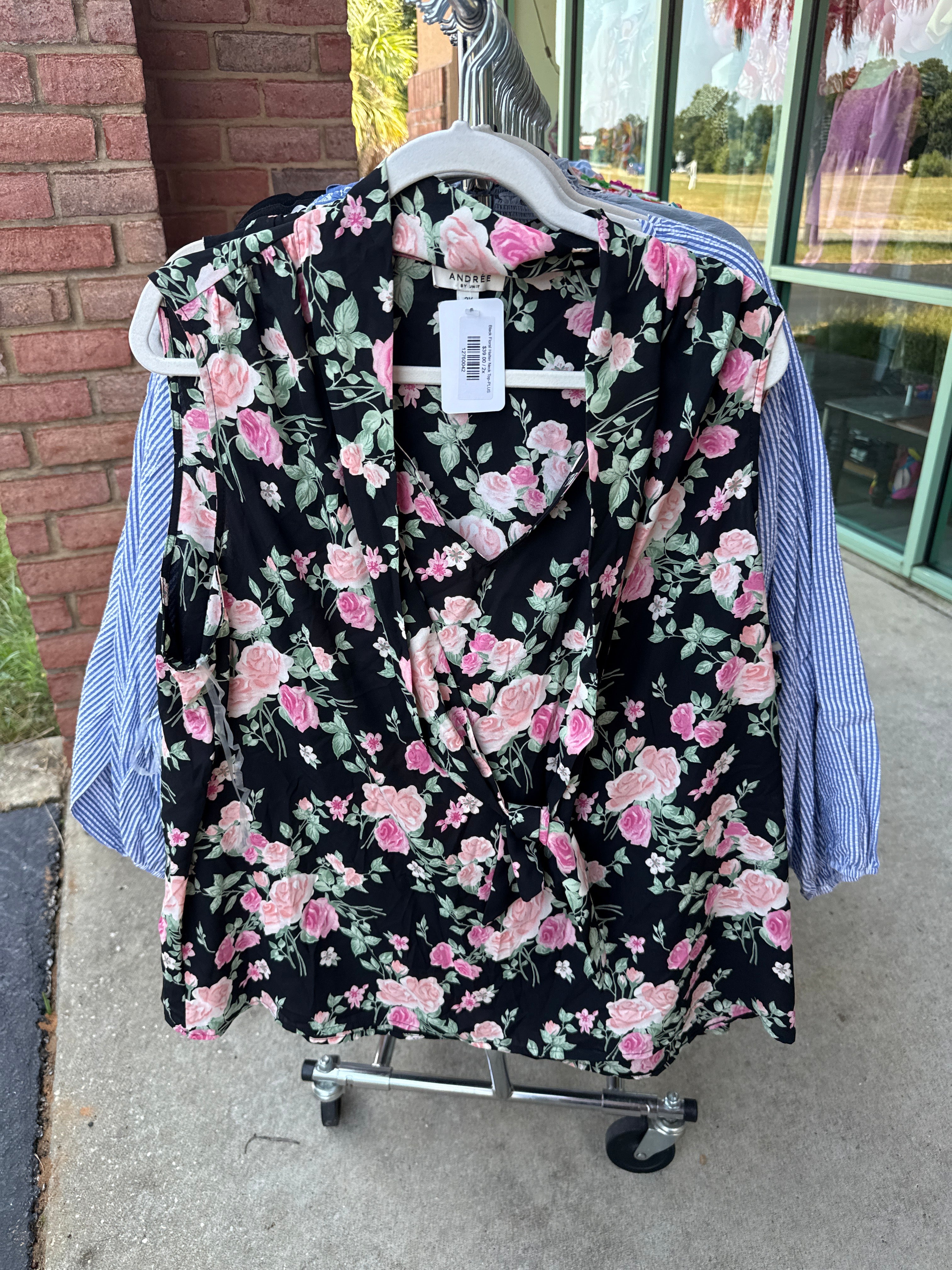 Black Floral Halter or Vneck Neck Top- PLUS- SALE- 2X AVAILABLE