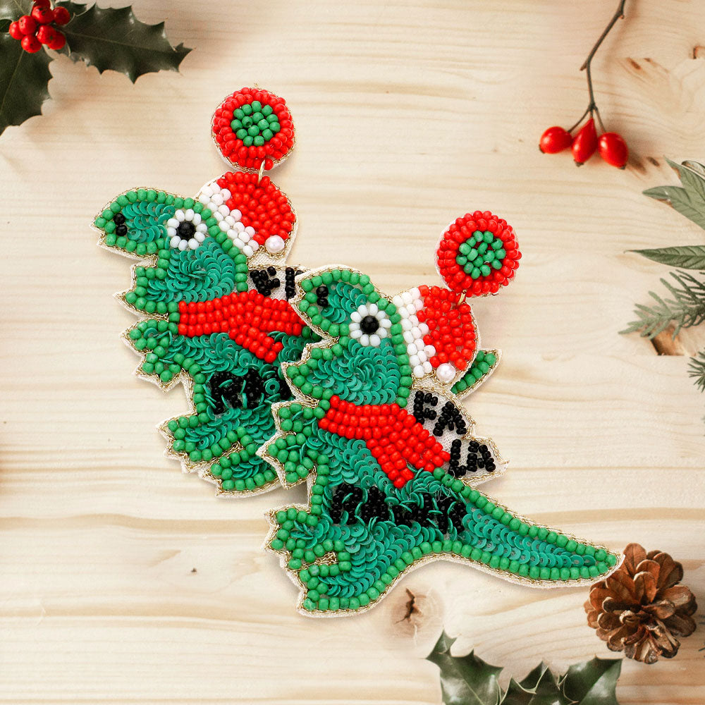 DINO GREEN SANTA SEEDBEAD EARRINGS