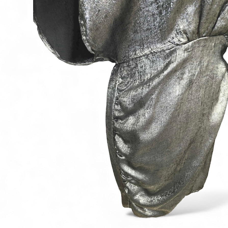 FANCY SILVER VNECK RUCHED-DRAPING SIDES, WAIST-TIE DRESS