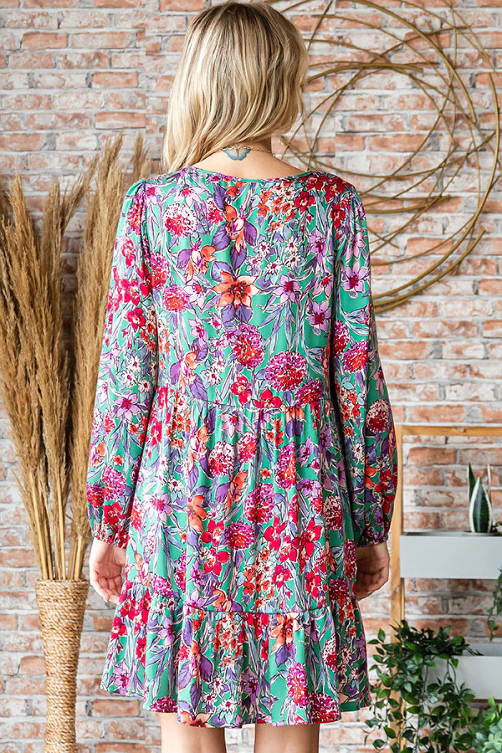 TEAL HOT PINK FLOWERS LONGSLEEVE TIERED DRESS
