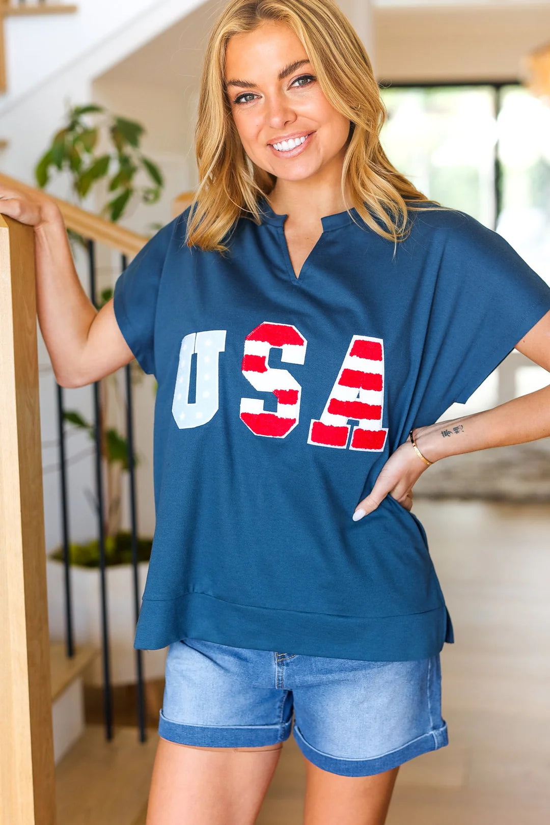 NAVY "USA" RWB PATCH NOTCHED NECK DOLMAN VNECK TOP- PLUS- SALE