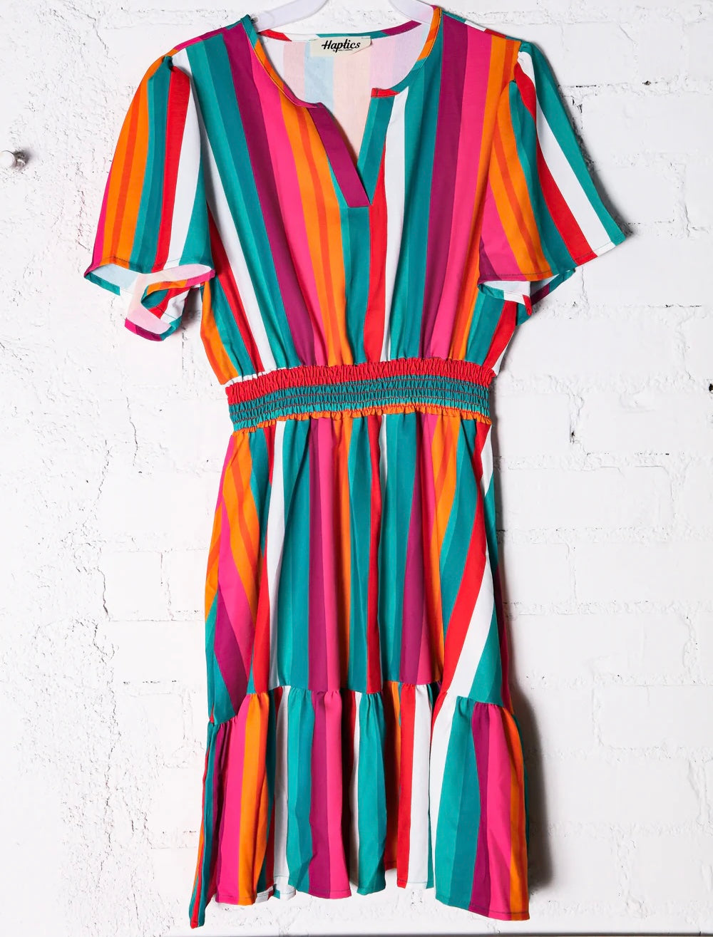 MULTI COLORED WARM BERRY & SUNSET COLORED STRIPES SMOCKED WAIST VNECK FLOUNCY DRESS