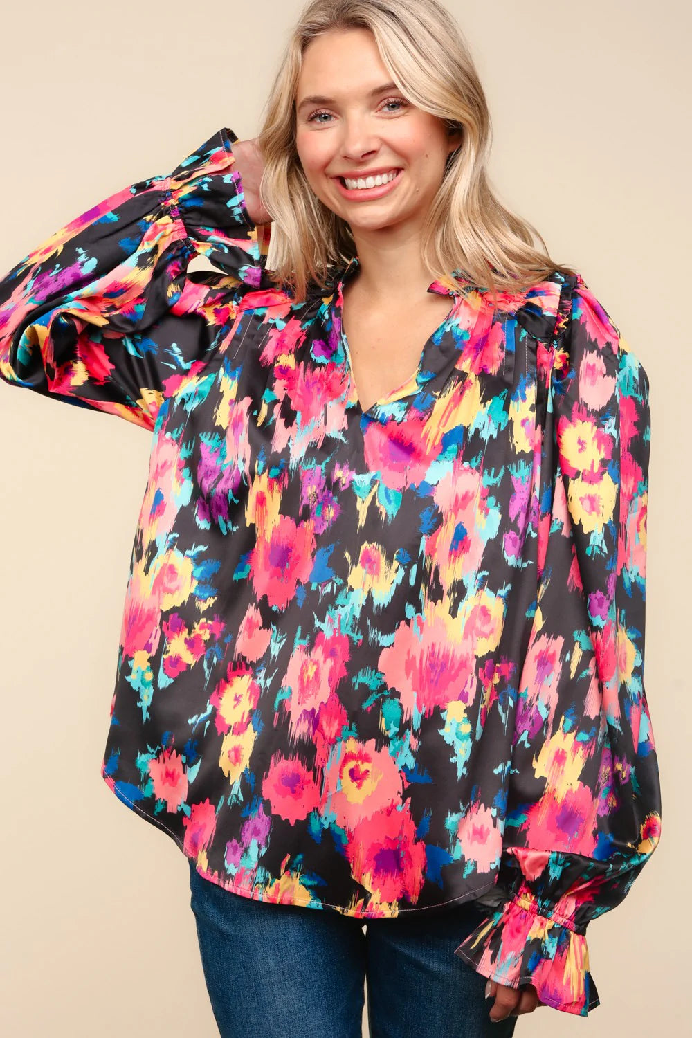 BUBBLE LONG SLEEVE FLORAL WOVEN TOP