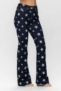 DARKWASH HIGH WAIST ALL OVER STAR PRINT RINSE WASH FLARE JUDY BLUE DENIM