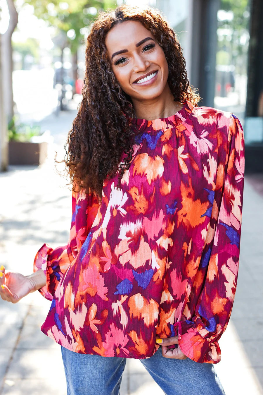 WINE MAGENTA BERRY FLORAL PRINT MOCK FRILLY NECK TOP