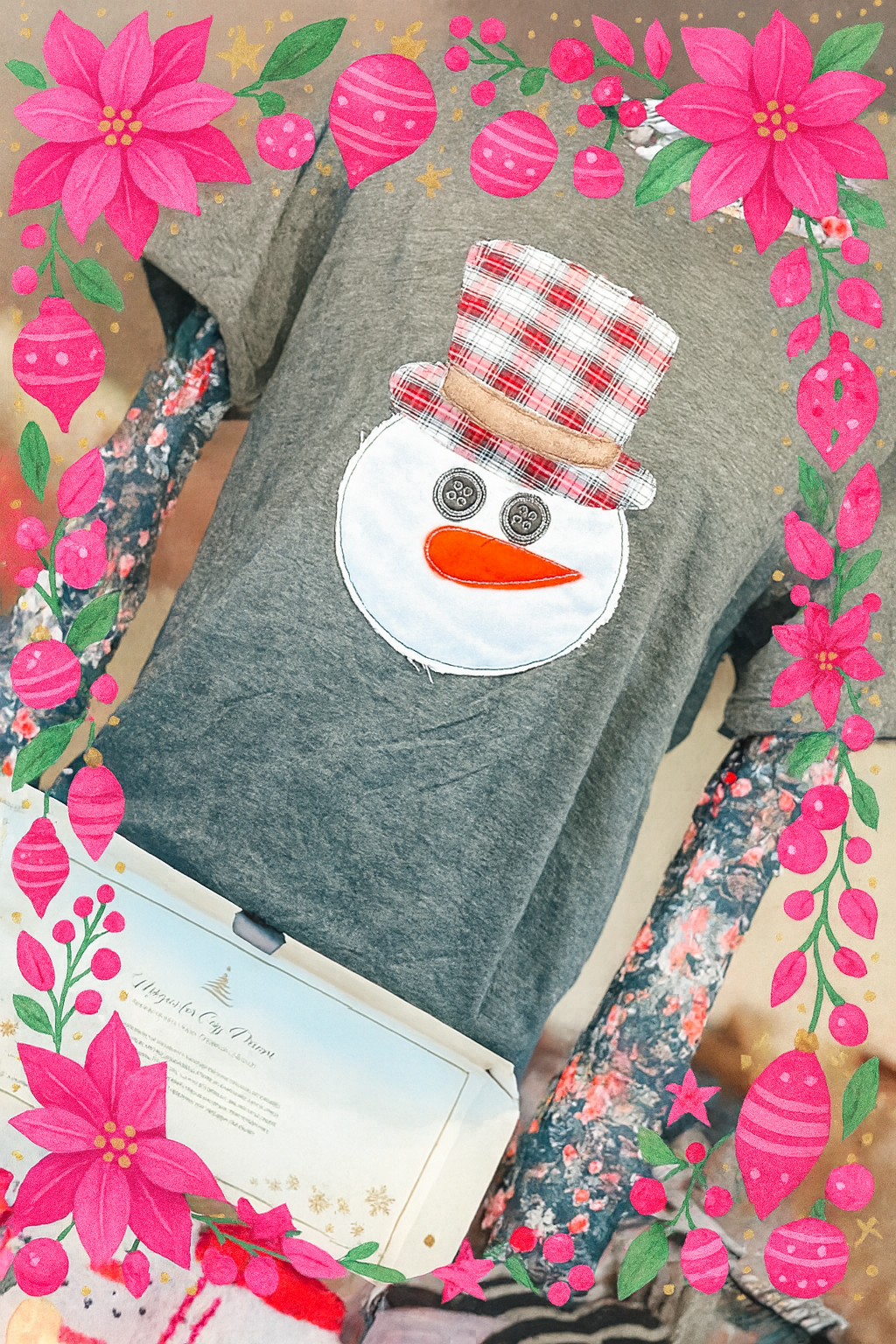 CHRISTMAS PLAID SNOWMAN BUTTON EYES APPLIQUED EMBROIERED STITCHED TEE