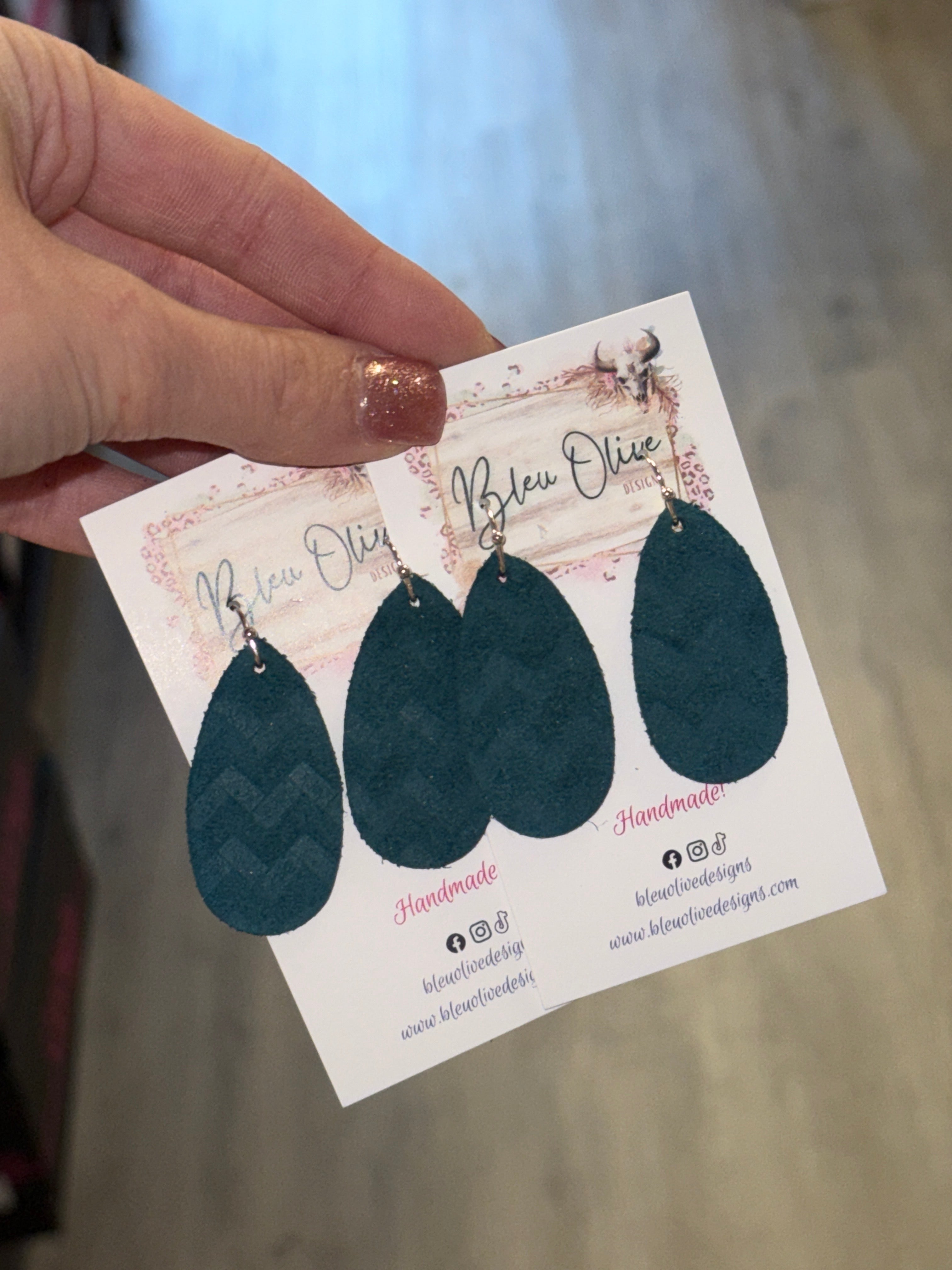 TEAL LIGHTWEIGHT LEATHER TEARDROP HANDMADE EARRINGS BY B.O.D