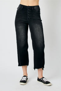 BLACK HIGH WAIST DESTROYED RAW HEM CROP WIDE LEG JUDY BLUE DENIM-PLUS