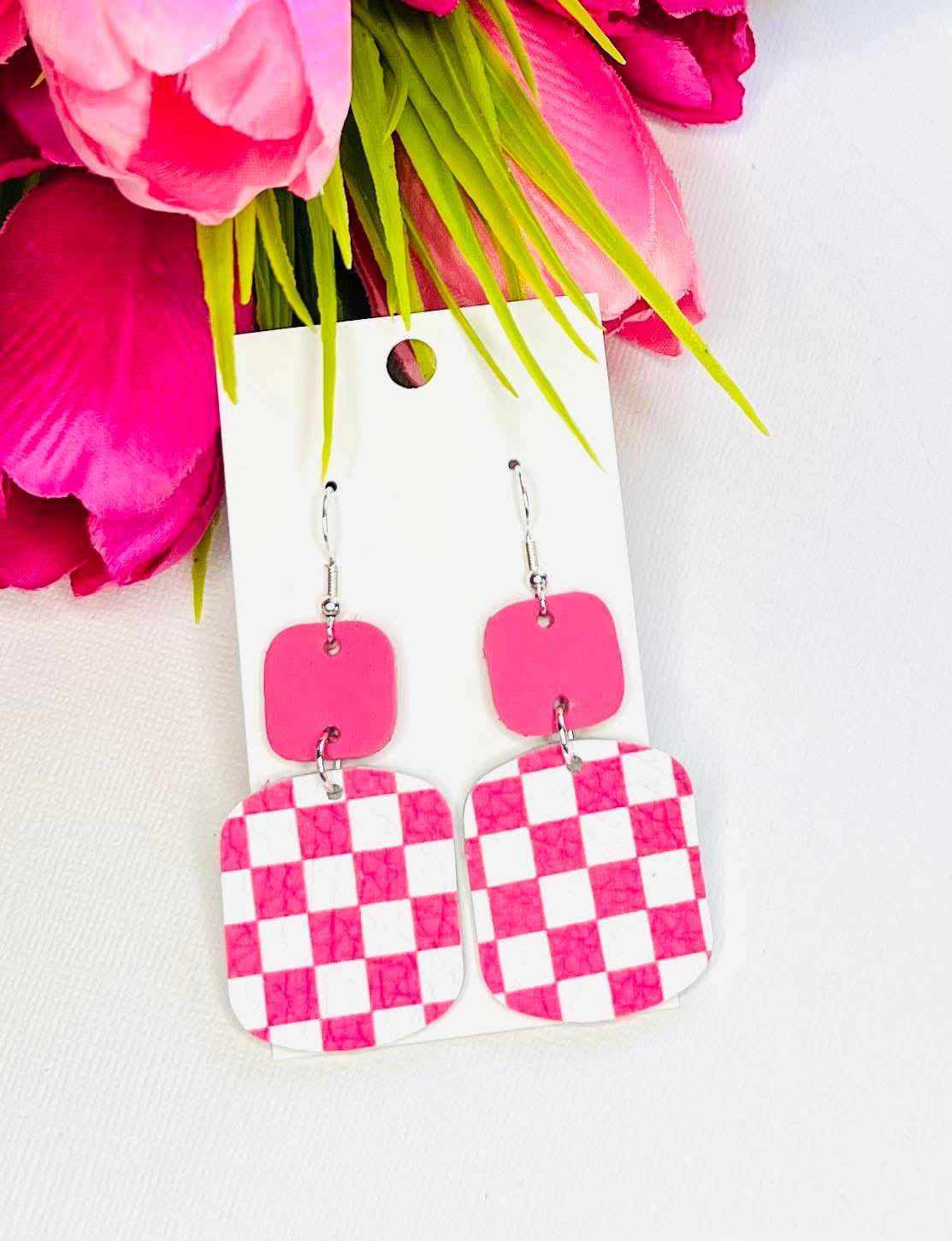 CHECKERED PRINT SQUARE WITH MATCHING SOLID COLOR SQUARE LEATHER HANDMADE EARRINGS BY B.O.D