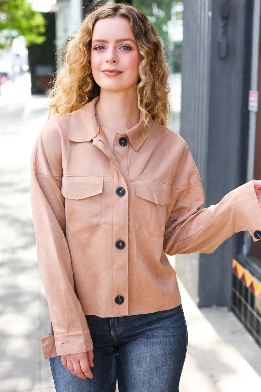 TAN SUEDE CROPPED BOXY FIT MOTTO STYLE JACKET