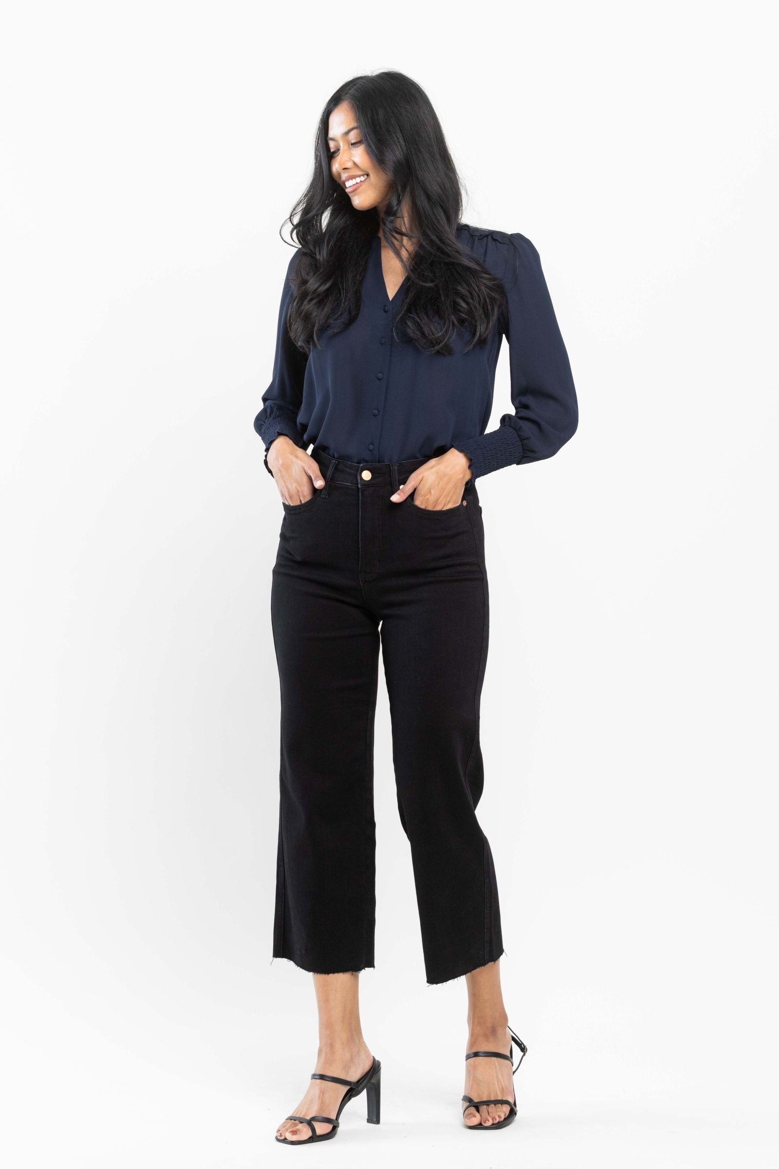 JUDY BLUE HIGH WAIST TUMMY CONTROL BLACK WIDE CROP LEG DENIM-PLUS