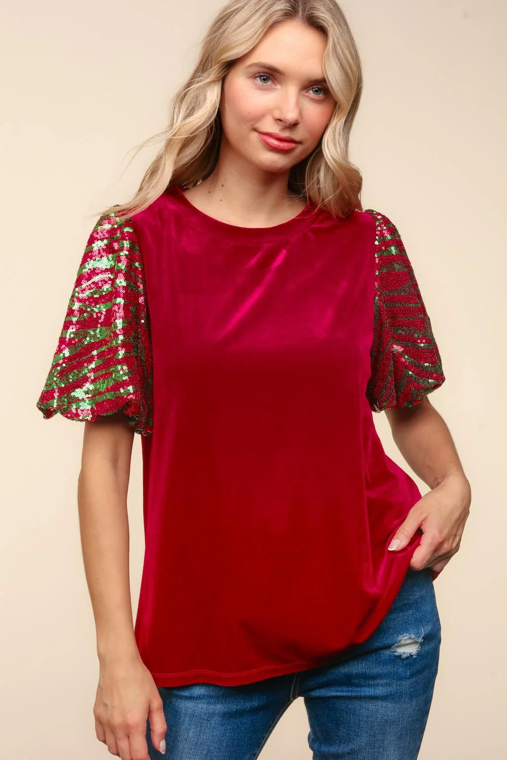 RED VELVET SEQUINS BUBBLE SLEEVE BLOUSE-PLUS