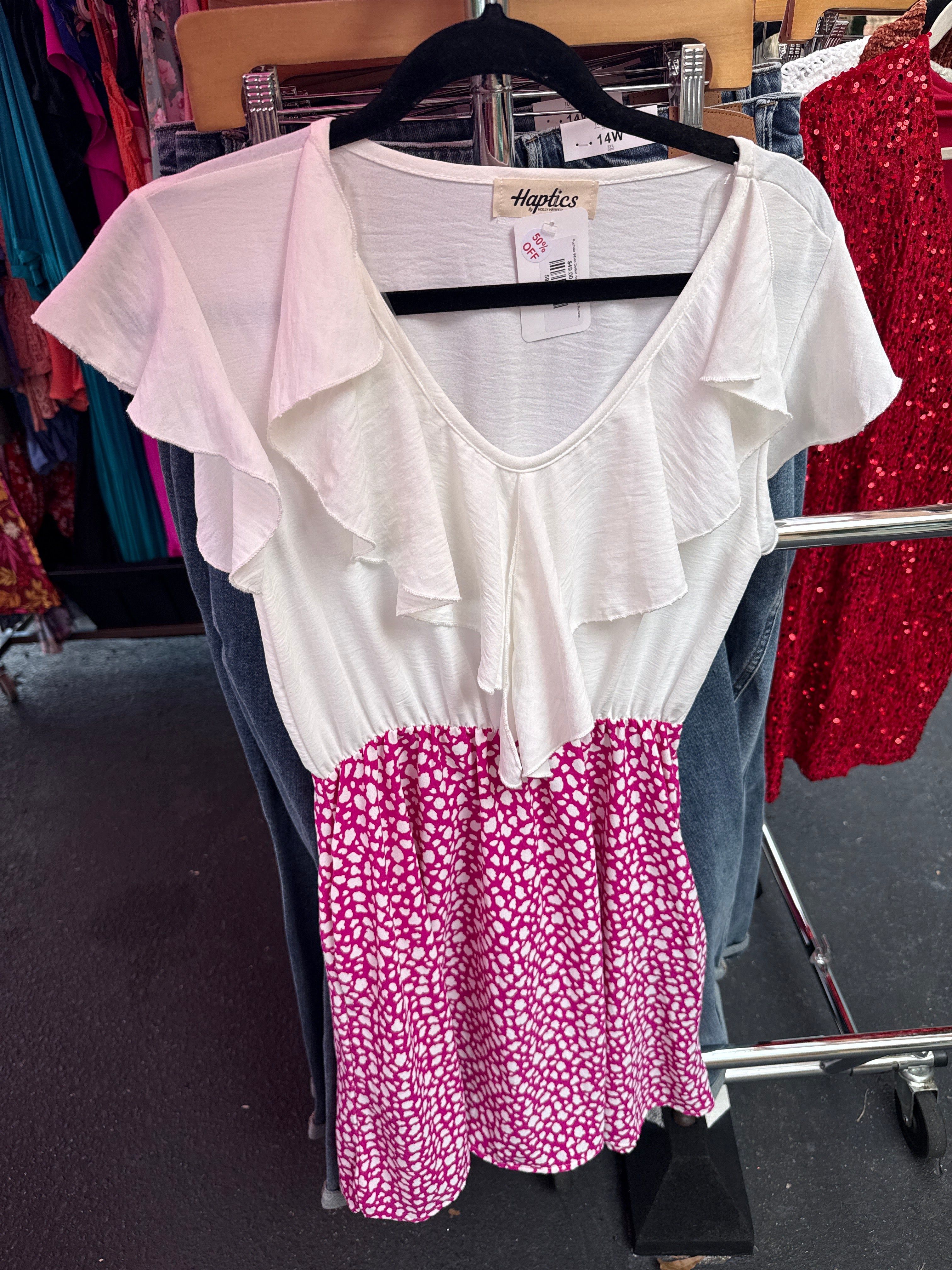 Fuchsia White Dotted Animal Ruffle Vneck Pocketed Dress
