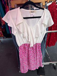 Fuchsia White Dotted Animal Ruffle Vneck Pocketed Dress