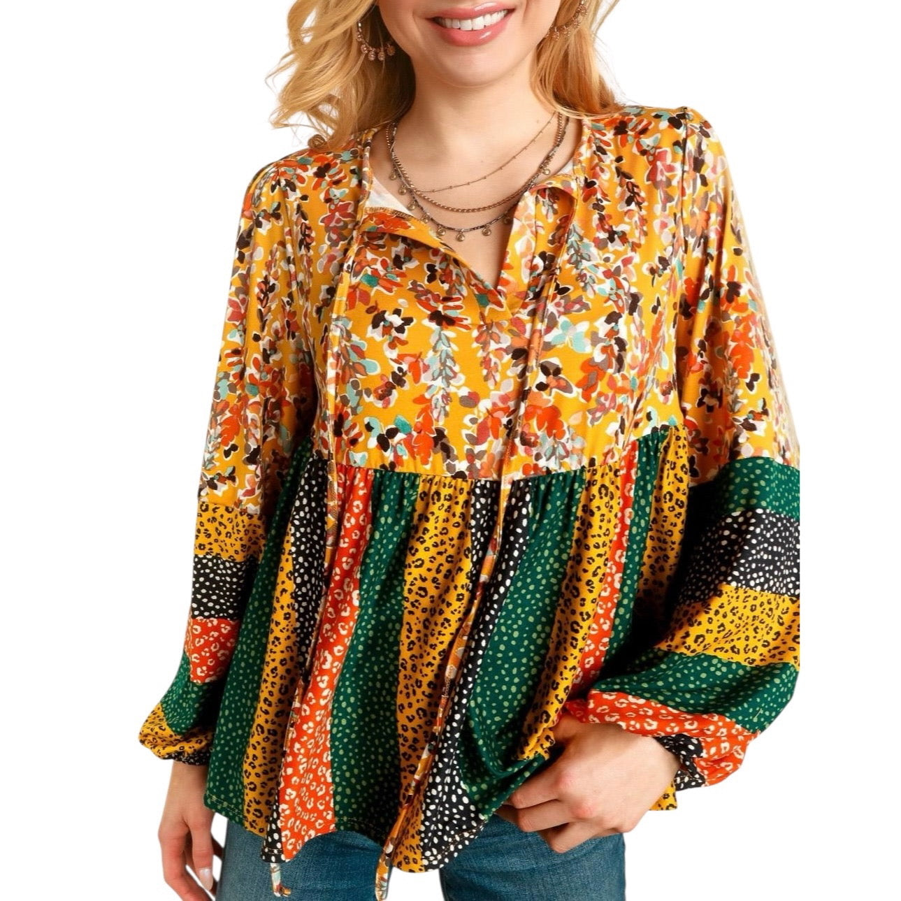 BOHO MUSTARD RUST FLORAL LEOPARD BABYDOLL TOP-PLUS