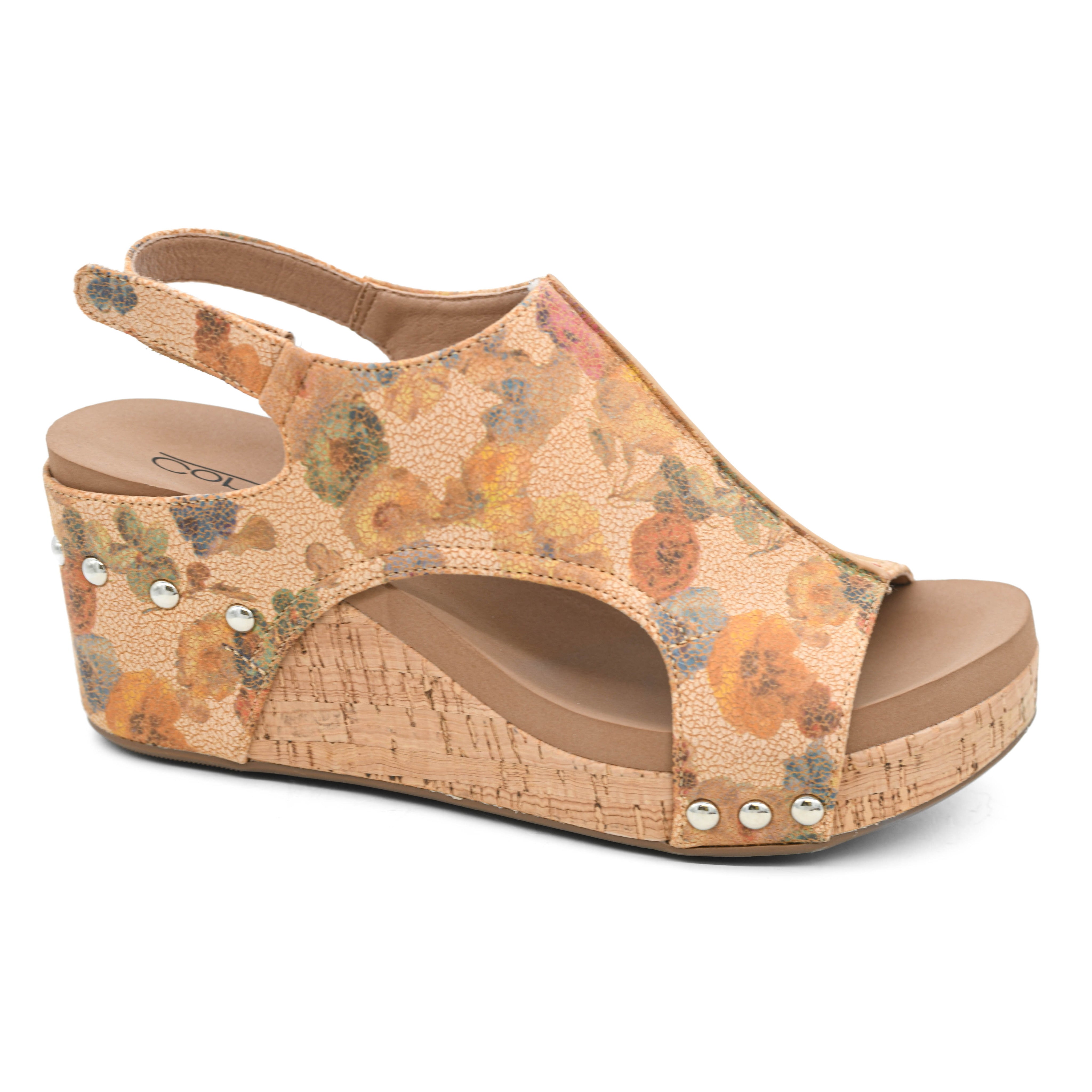CARLEY CAMEL WASHED FLOWER CORKYS SANDAL WEDGES