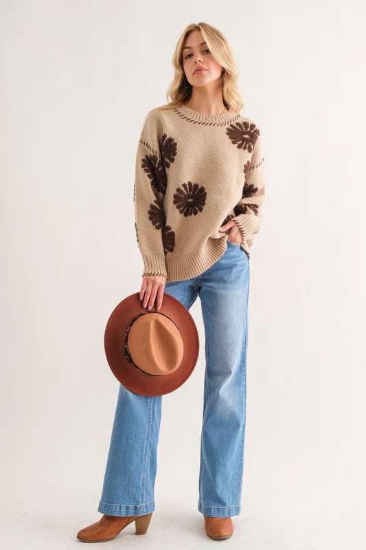 TAUPE BROWN FLORAL DESIGN THICK SWEATER-PLUS