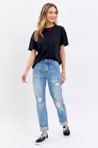 HIGH WAIST PATCH POCKET & DESTROYED BOYFRIEND MEDIUM WASH JUDY BLUE DENIM