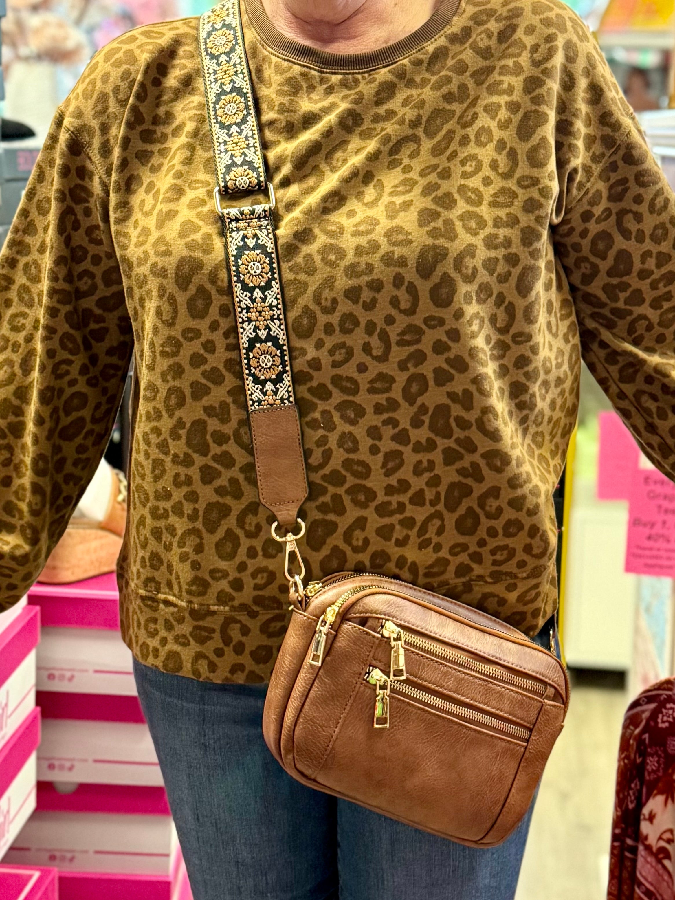 MULTI FUNCTIONAL ZIPPER CROSSBODY BAG PURSE WITH DOIUBLE ZIPPER POCKETS AND EMBROIDERED STRAP