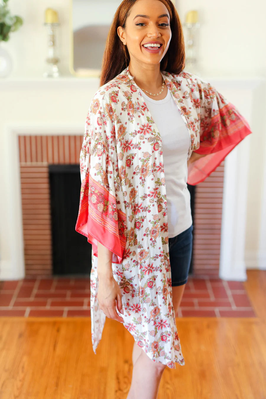 IVORY CORAL BOHO FLORAL KIMONO
