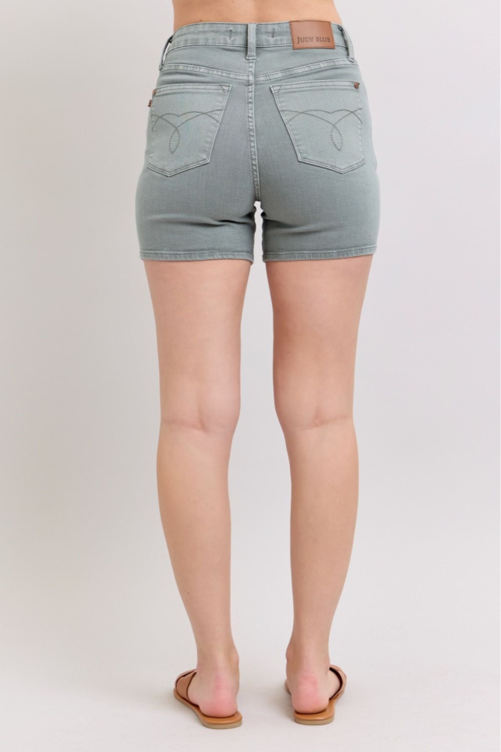 HIGH WAIST STONE BLUE GARMENT DYED BACK POCKET EMBROIDERY DENIM SHORTS JUDY BLUE