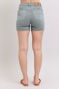 HIGH WAIST STONE BLUE GARMENT DYED BACK POCKET EMBROIDERY DENIM SHORTS JUDY BLUE