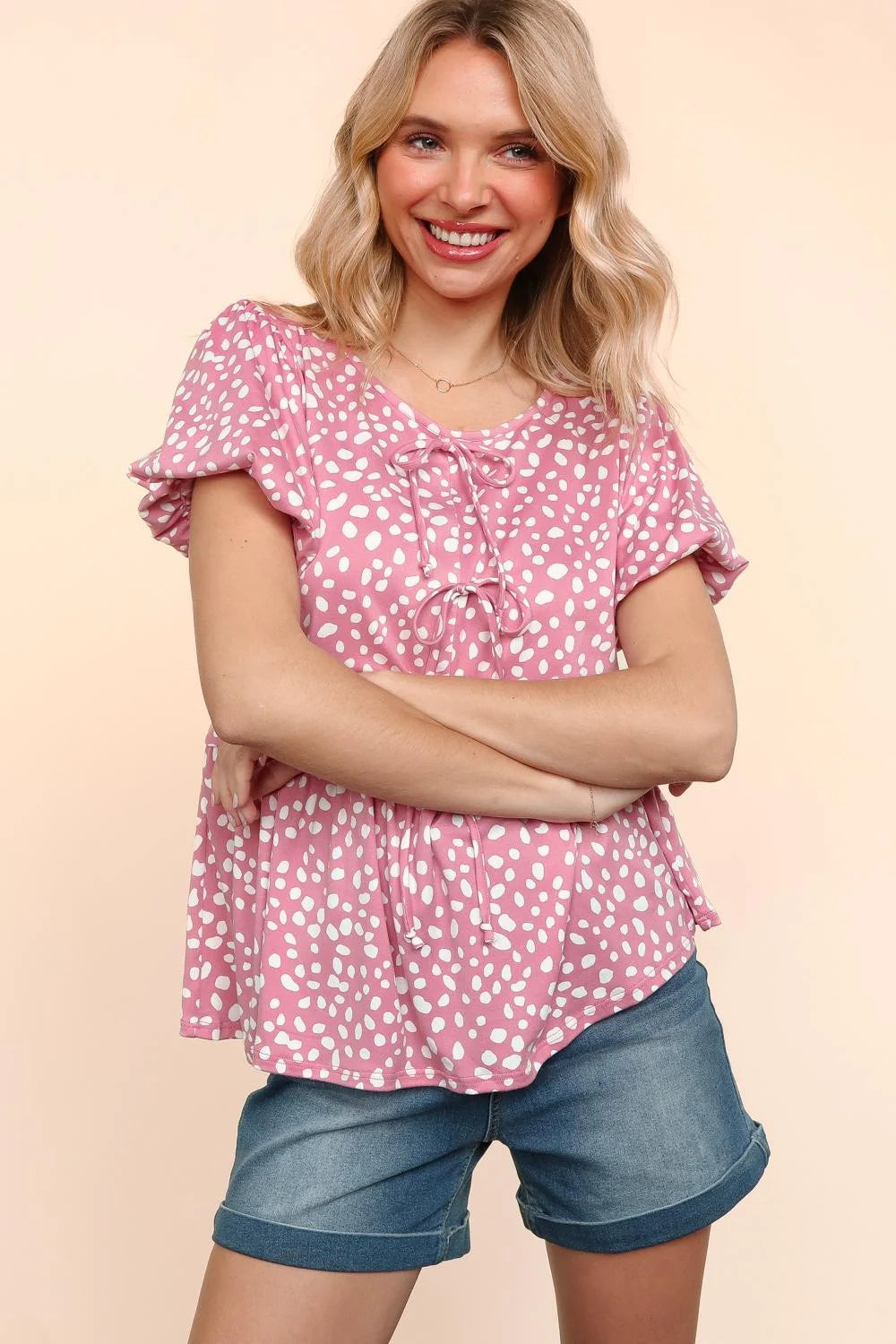 ROSE ANIMAL DOTTED FRONT RIBBONS BOW TIE BABYDOLL KNIT TOP