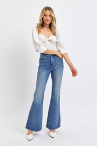 HIGH WAIST DARKWASH TUMMY CONTROL CONTRAST WASH FLARE JUDY BLUE DENIM-PLUS