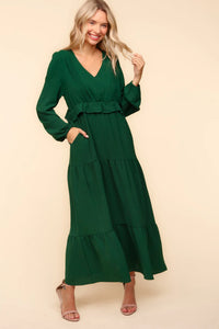 HUNTER GREEN VNECK PINTUCK DETAIL SOLID WOVEN MAXI DRESS-PLUS