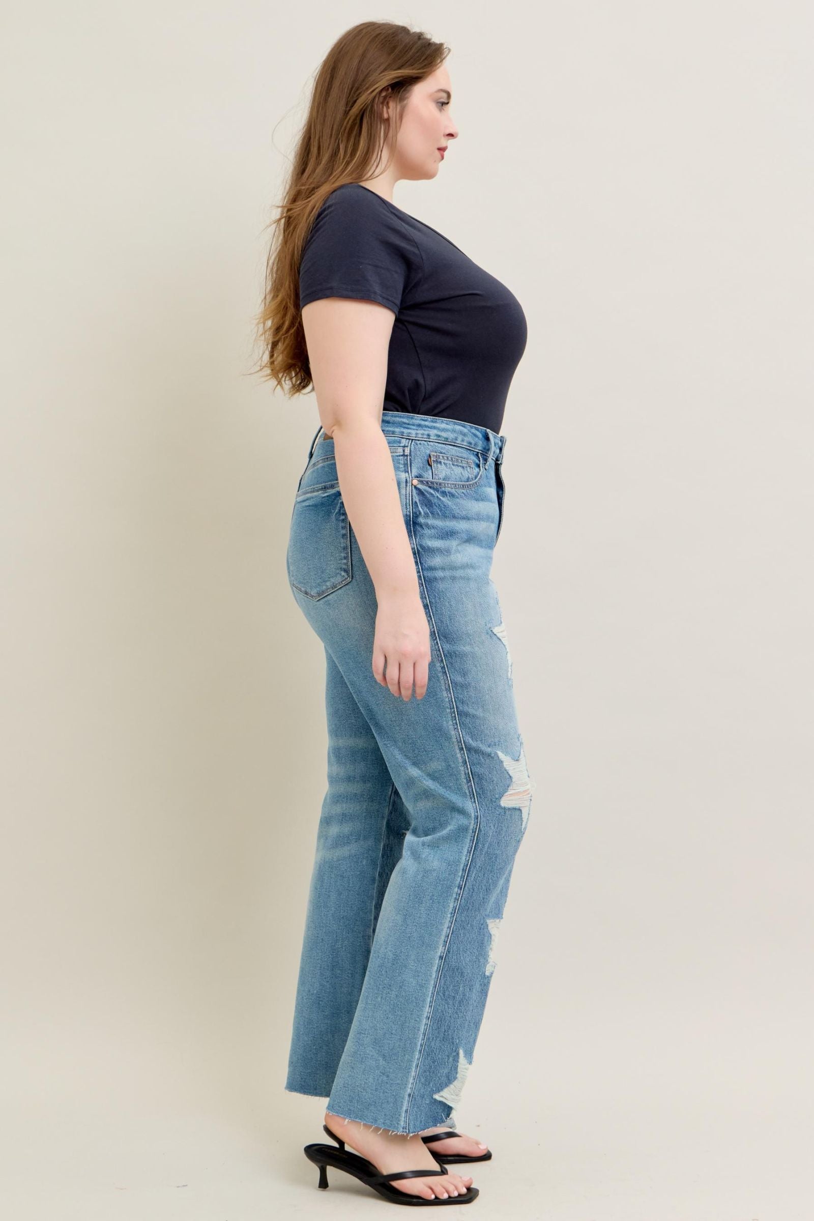 MEDIUM WASH HIGH WAIST RIGID MAGIC STAR SHAPED DESTROYED 90S STRAIGHT JUDY BLUE DENIM-PLUS