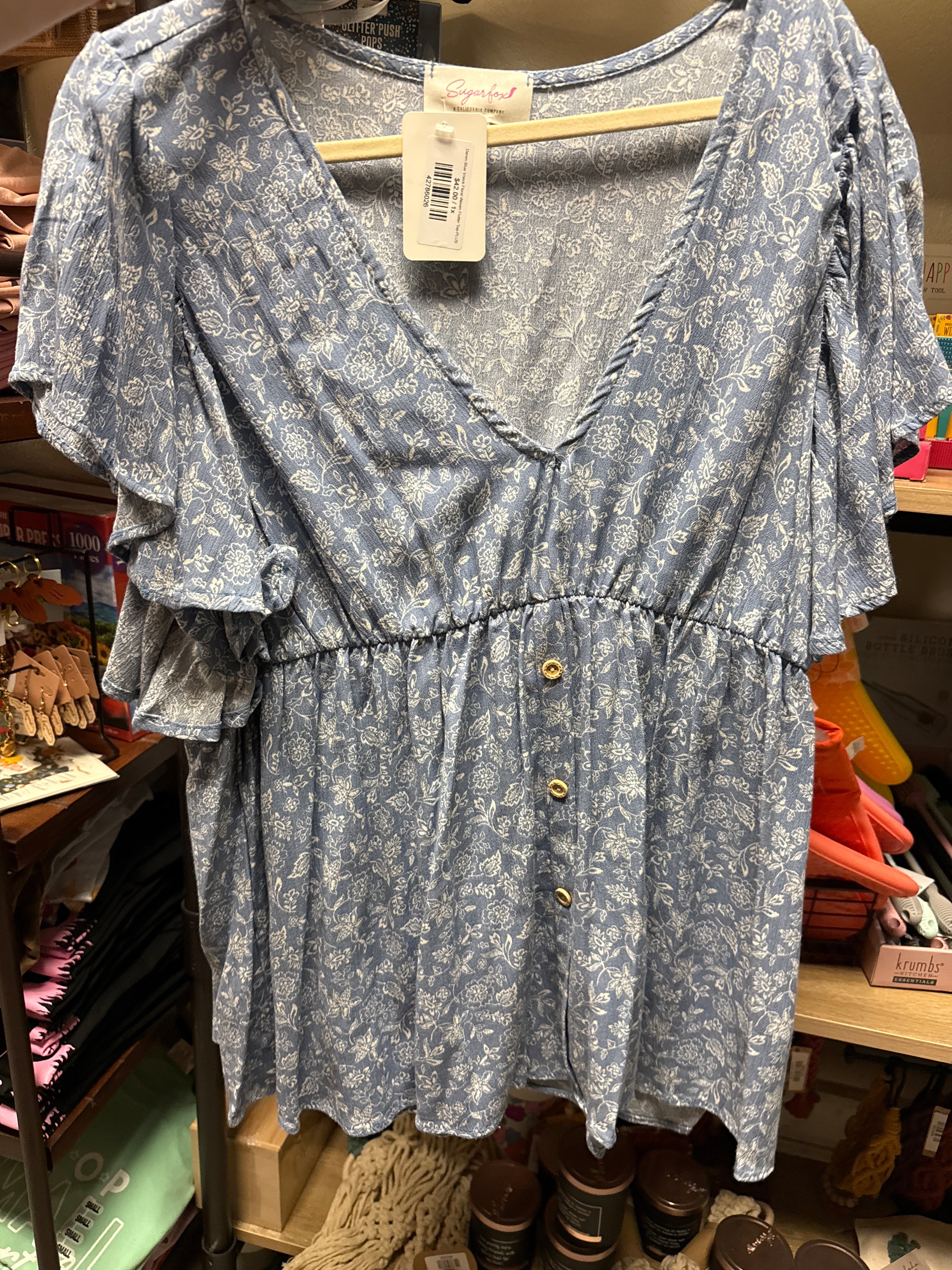 Denim Blue Vneck Floral Woven Flutter Top- PLUS- SALE