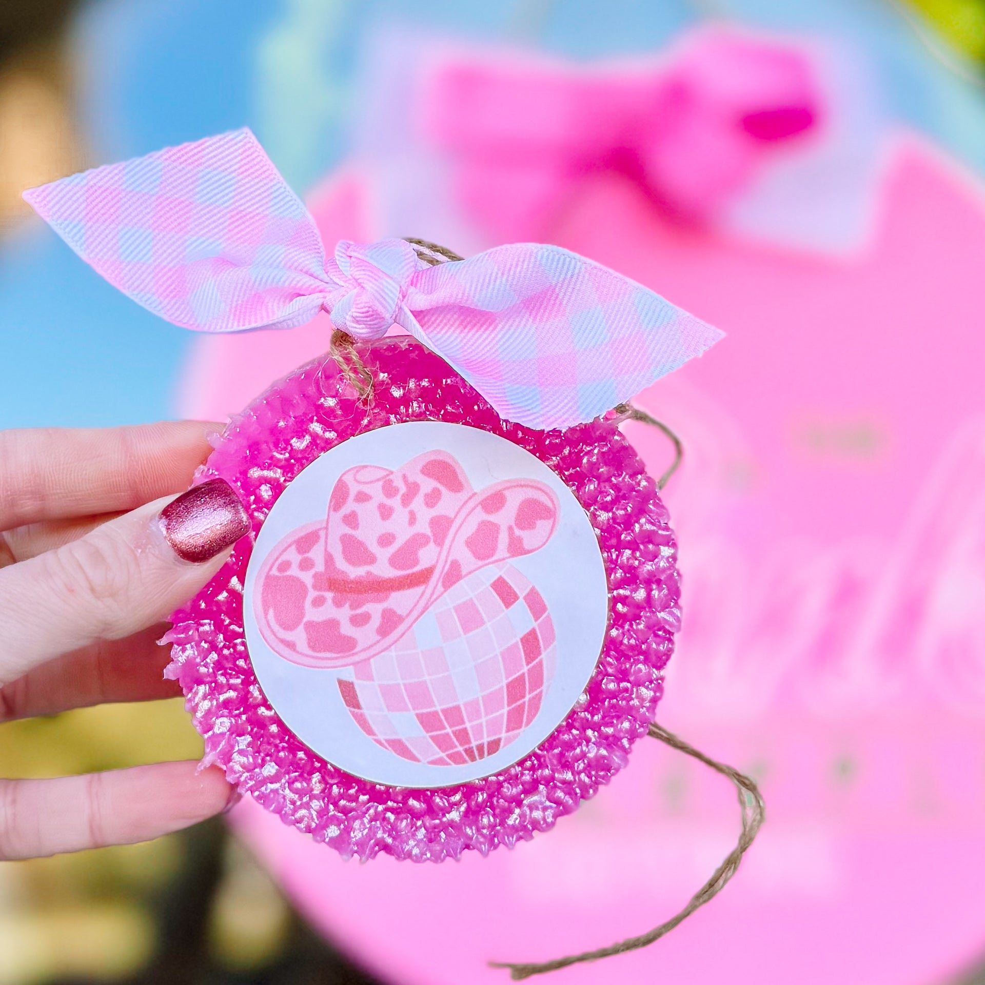 APPLE BERRY FRESHIE WITH RIBBON DISCO BALL COWGIRL HAT COW PRINT WITH RIBBON