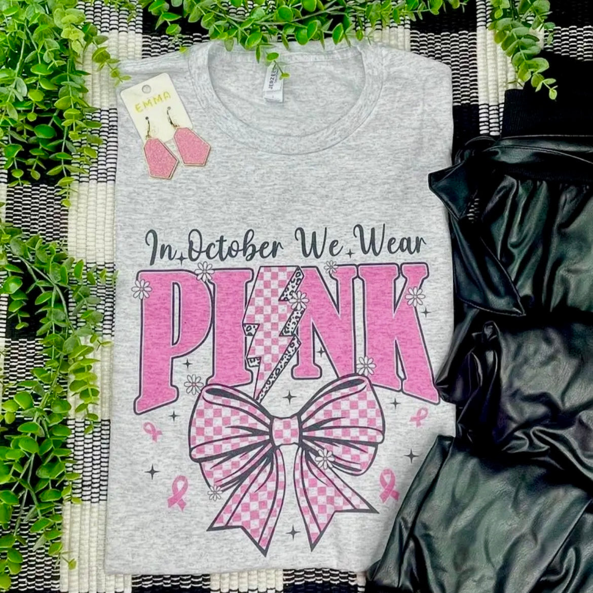 IN OCTOBER WE WEAR PINK BOW & BOLT PINK BREAST CANCER AWARENESS TEE