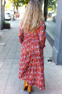 FLORAL COLLARED BABYDOLL SIDE POCKET RUST MULTI MAXI DRESS-PLUS