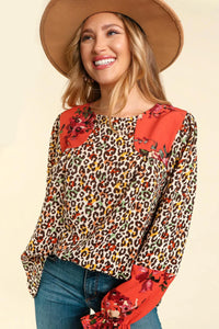 RUST MUSTARD ANIMAL PRINT COLORBLOCK FORAL BLOUSE