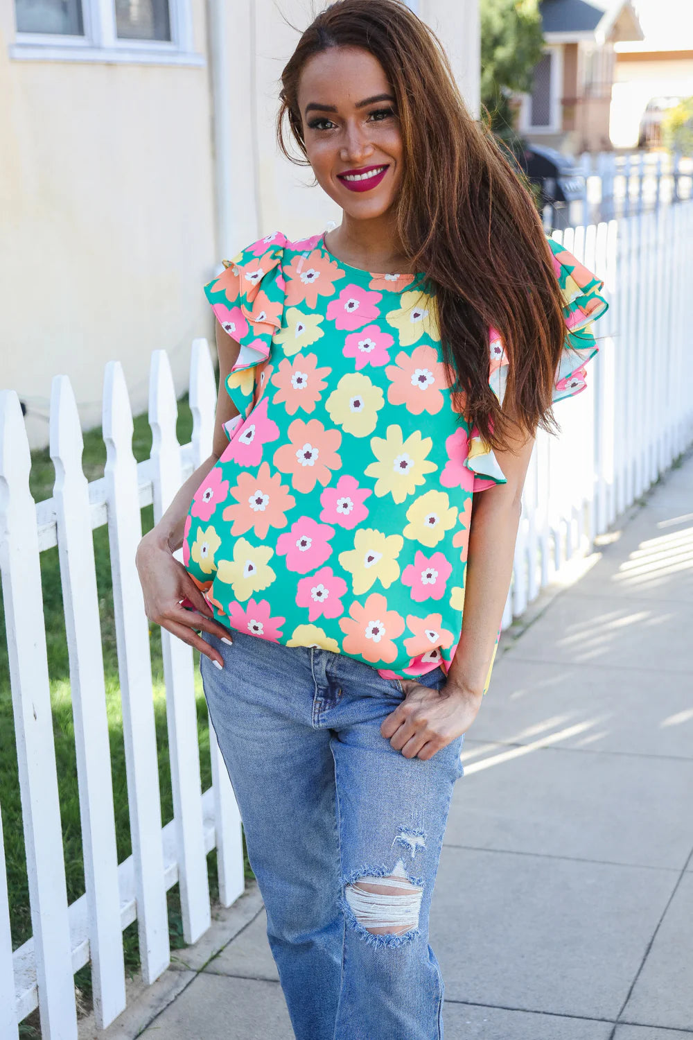 GREEN MULTI FLORAL FLUTTER TOP